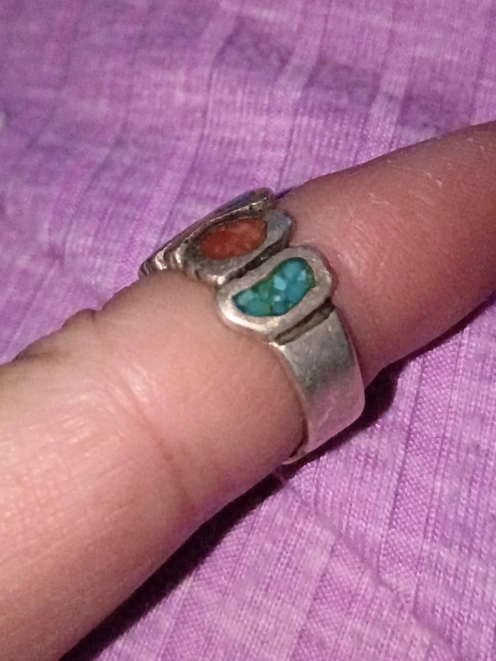 Sterling Silver Turquoise & Coral Inlay Women's Ring
